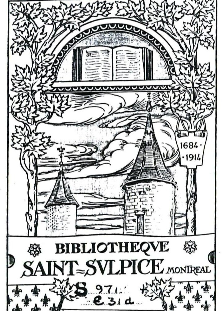 Obraz przedstawia rysunek książki umieszczonej w łuku z zamkniętym dołem. W koło łuku widać liście wyrastające z z dwóch cienkich drzew służących za filary w kompozycji. Pod strukturą, między filarami znajduje się mały pejzaż dwóch wierzy z kamienia ze strzelistymi dachami i iglicami wskazującymi kierunki świata. Widoczne są także kłębiące się chmury. Pod wszystkim widoczny jest napis Bibliotheque saint sulpice montreal na kawałku papieru z dwoma półkolistymi wcięciami pośrodku końców. Pod spodem kartki widoczne są zdobienia z powtarzającej się lilii florenckiej.
