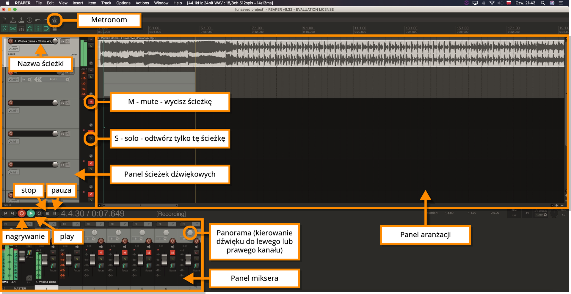 Na ilustracji na czarnym tle zostały umieszczone od górnej części dwa jasnoszare panele z ciemnoszarymi przejściami. Nad panelami znajduje się napis „4. Wielka dama – Oliwia Wądołowska.mp3”, a nad napisem zostały umieszczone zaczynając od lewej strony oznaczenia liczbowe. Po lewej stronie znajduje się szary panel  z pięcioma suwakami, a poniżej znajduje się panel z ośmioma suwakami, oznaczeniami liczbowymi, czasem, zielonymi i czerwonymi przyciskami. 