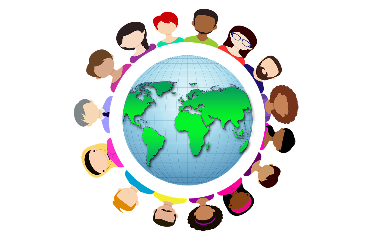 Ilustracja przedstawia kulę ziemską. Dookoła niej widoczne są schematyczne rysunki ludzi różnych ras, płci i w różnym wieku.