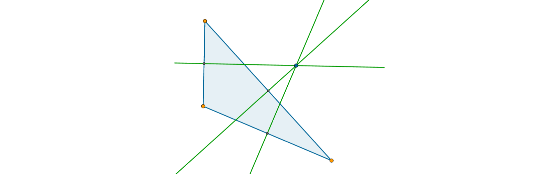 Rysunek trójkąta rozwartokątnego i symetralnych jego boków. Punkt przecięcia symetralnych boków trójkąta leży poza trójkątem.