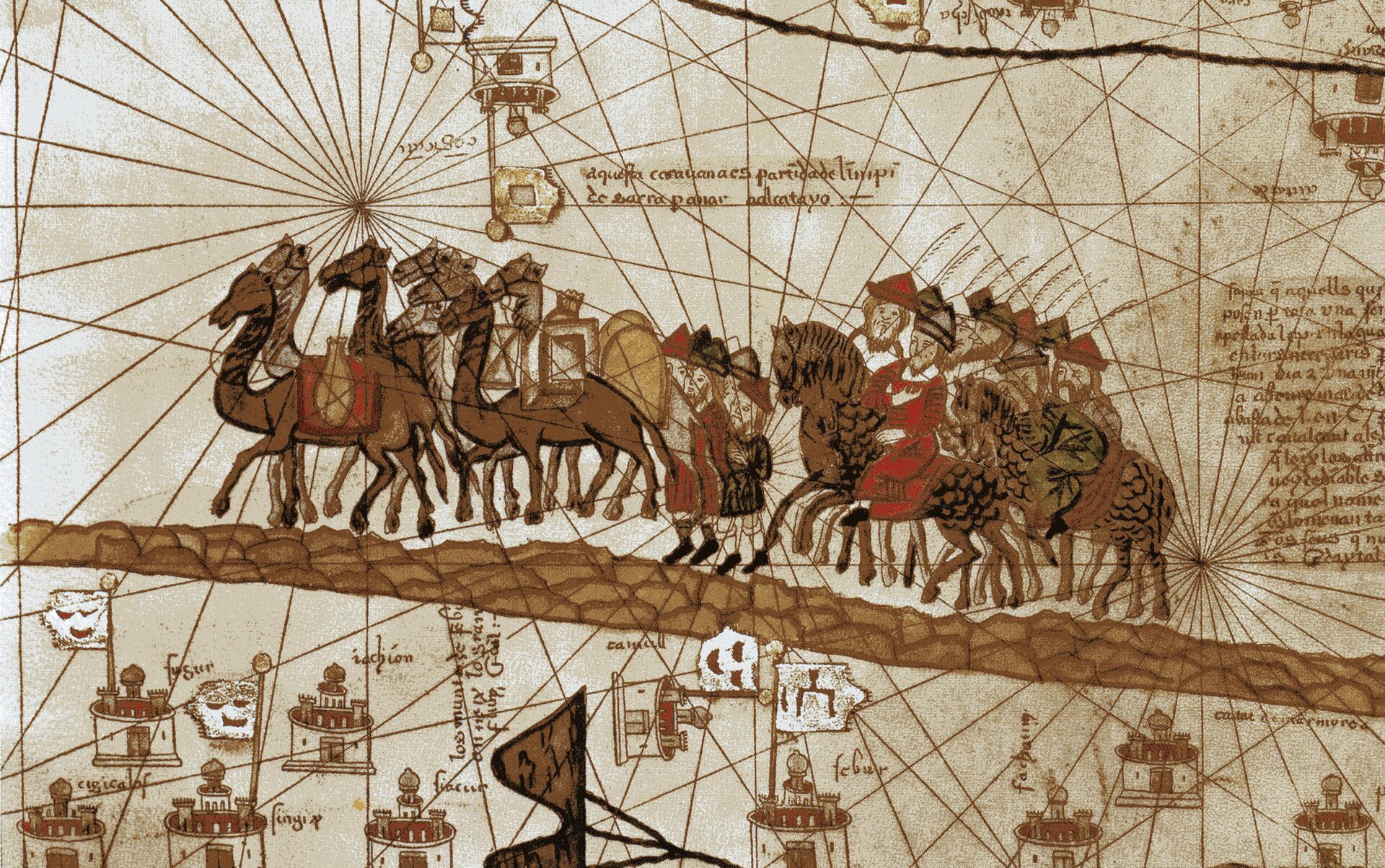 Ilustracja przedstawiająca Podróż Marco Polo po Azji w karawanie.