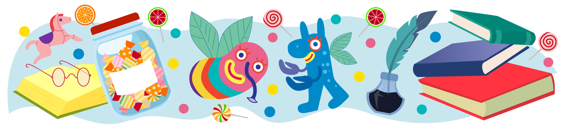 Ilustracja przedstawia jasnoszare tło, na którym unoszą się kolorowe kropki okrągłe lizaki i inne przedmioty. Po lewej stronie jest różowy konik z ciemnoróżową grzywą i fioletowym siodłem. Pod nim znajduje się otwarta książka, na której leżą okulary w okrągłych ciemnoróżowych oprawkach. Na prawo od książki widać duży słoik wypełniony cukierkami w kolorowych papierkach. Na środku są dwa kolorowe bajkowe stworki ze skrzydłami. Po ich prawej stronie znajduje się szklany pojemnik z tuszem i umieszczonym w nim piórem. Obok pojemnika, po prawej stronie ilustracji, unoszą się trzy książki. Pierwsza ma ciemnozieloną okładkę, druga granatową, a trzecia czerwoną.