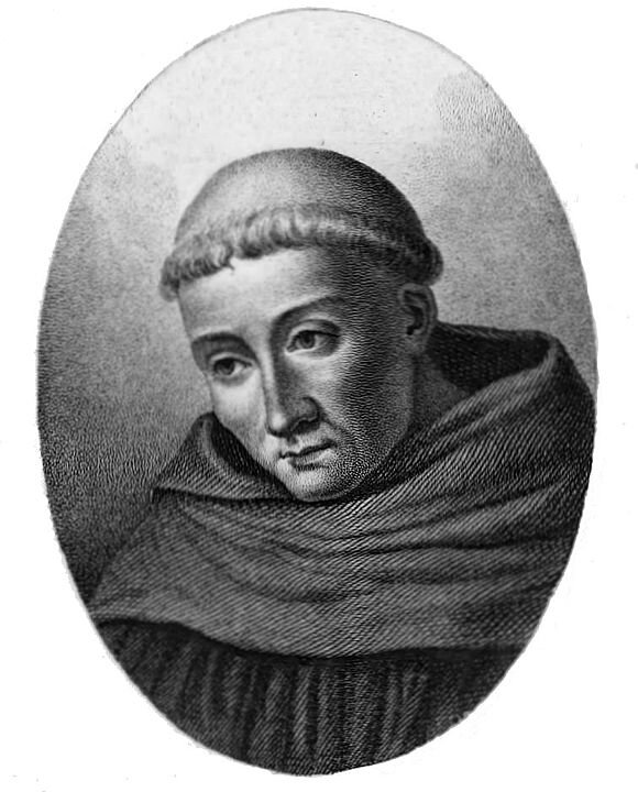 Ilustracja przedstawia portret duchownego. Ubrany on jest w szatę zakonną z kapturem. 