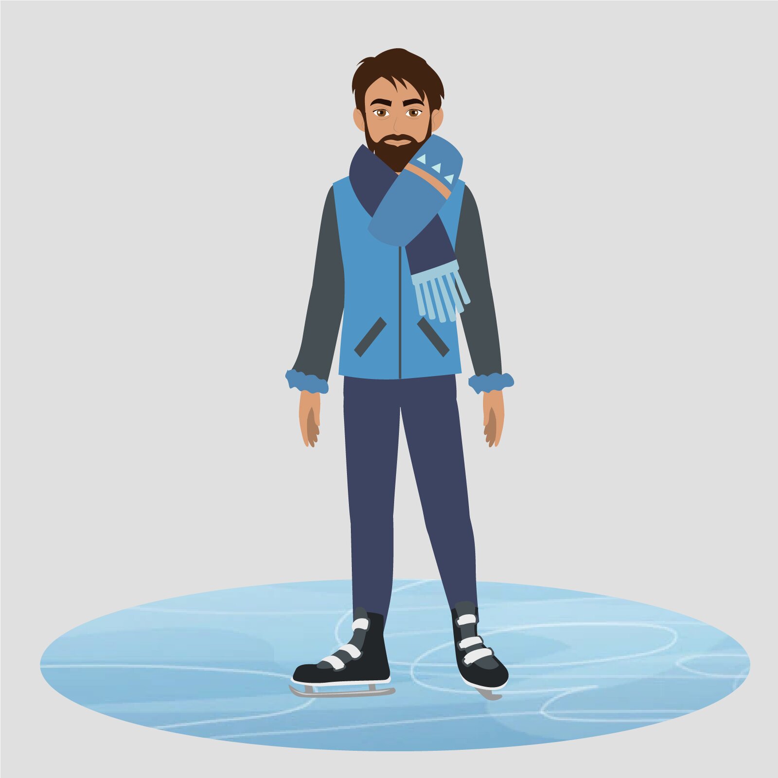 Ilustracja przedstawia mężczyznę stojącego na lodzie. Ma on na sobie szalik, kurtkę, długie spodnie oraz łyżwy.