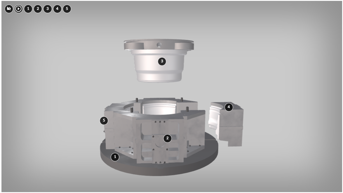 Na zdjęciu przedstawiono przykładowy ekran wizualizacji wygenerowanego modelu. Widoczny model składa się z okrągłej podstawy cylindra wychodzącego z niej oraz elementu o kształcie stożka ściętym górnym wierzchołku. Element o kształcie stożka wchodzi w element cylindryczny. Na poszczególnych fragmentach modelu znajdują się cyfry wpisane w okrąg. Są to punkty interaktywne. Na modelu widocznych jest pięć punktówW górnej części zdjęcia widoczne są symbole kamery, trójkąta wpisanego w okrąg oraz pięciu punktów interaktywnych.