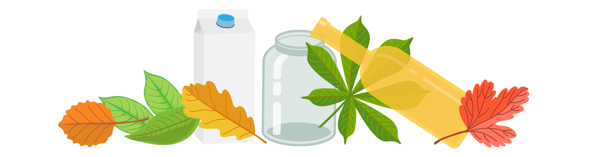 Ilustracja przedstawia kilka liści w różnych kolorach: zielonym, żółtym, pomarańczowym i czerwonym. Na środku, pomiędzy liśćmi, stoi puste, kartonowe pudełko i pusty słoik bez nakrętki. O słoik opiera się żółta, szklana butelka.