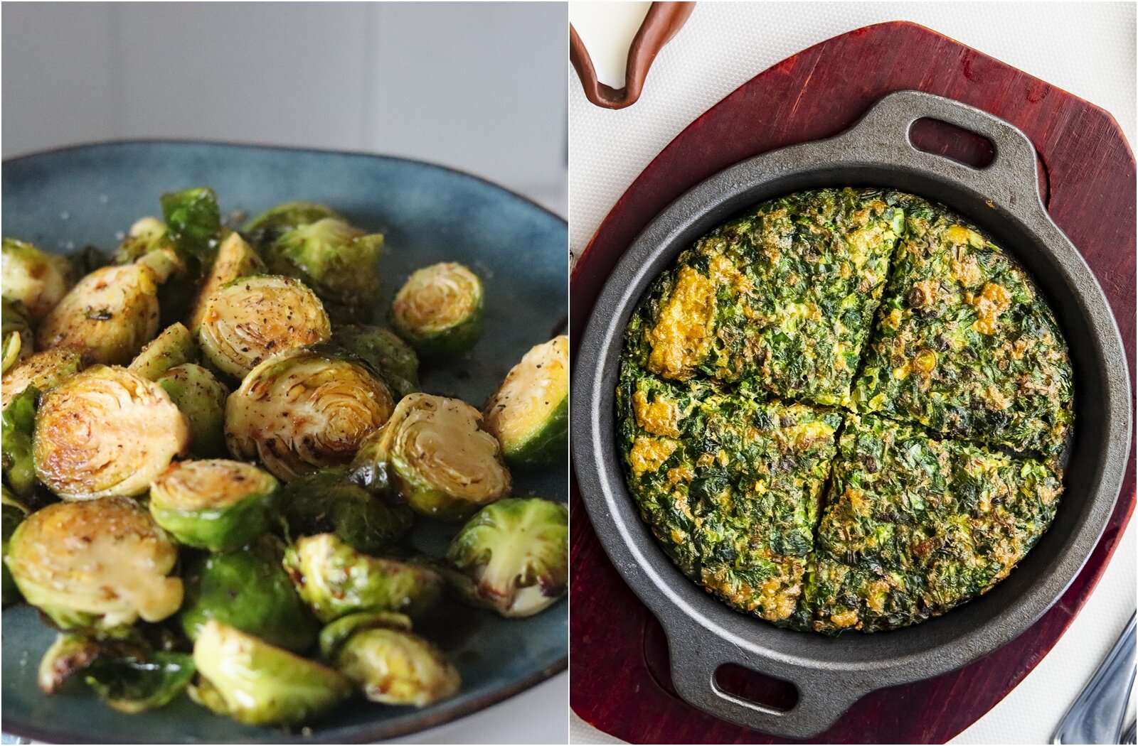 Ilustracja składa się z dwóch zdjęć. Na zdjęciu po lewej stronie widoczne są połówki pieczonej brukselki w ciemnym głębokim talerzu. Na zdjęciu po prawej stronie widoczna jest okrągła forma z upieczoną tartą. Forma stoi na drewnianej desce.