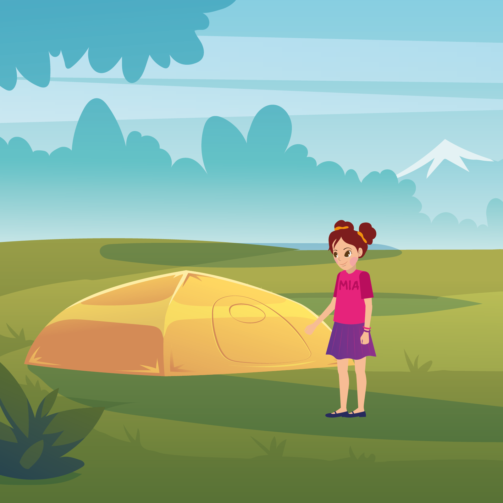 Ilustracja przedstawia Mię stojącą na otwartym polu. Na środku pola, leży nierozłożony namiot.