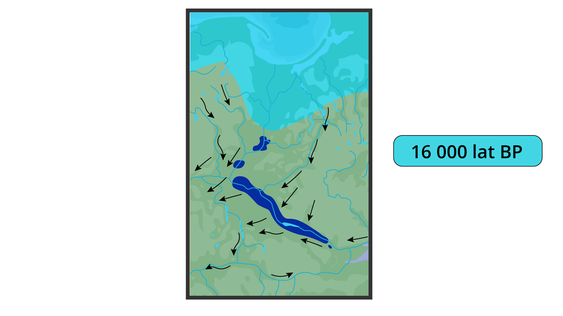Na mapie Polski obejmującej północną część wzdłuż Wisły zaznaczono deglacjację obszaru kraju 16 000 lat BP (before present). Lodowiec obejmuje już tylko wąski obszar północnej części kraju. Na południe od tego obszaru strzałkami skierowanymi w dół, w lewo i w prawo zaznaczono odpływ wód polodowcowych. Ciemnoniebieskim kolorem zaznaczono coraz dłuższy pas wzdłuż linii Wisły, a powyżej na linii Wisły dwa ciemnoniebieskie jeziora.  