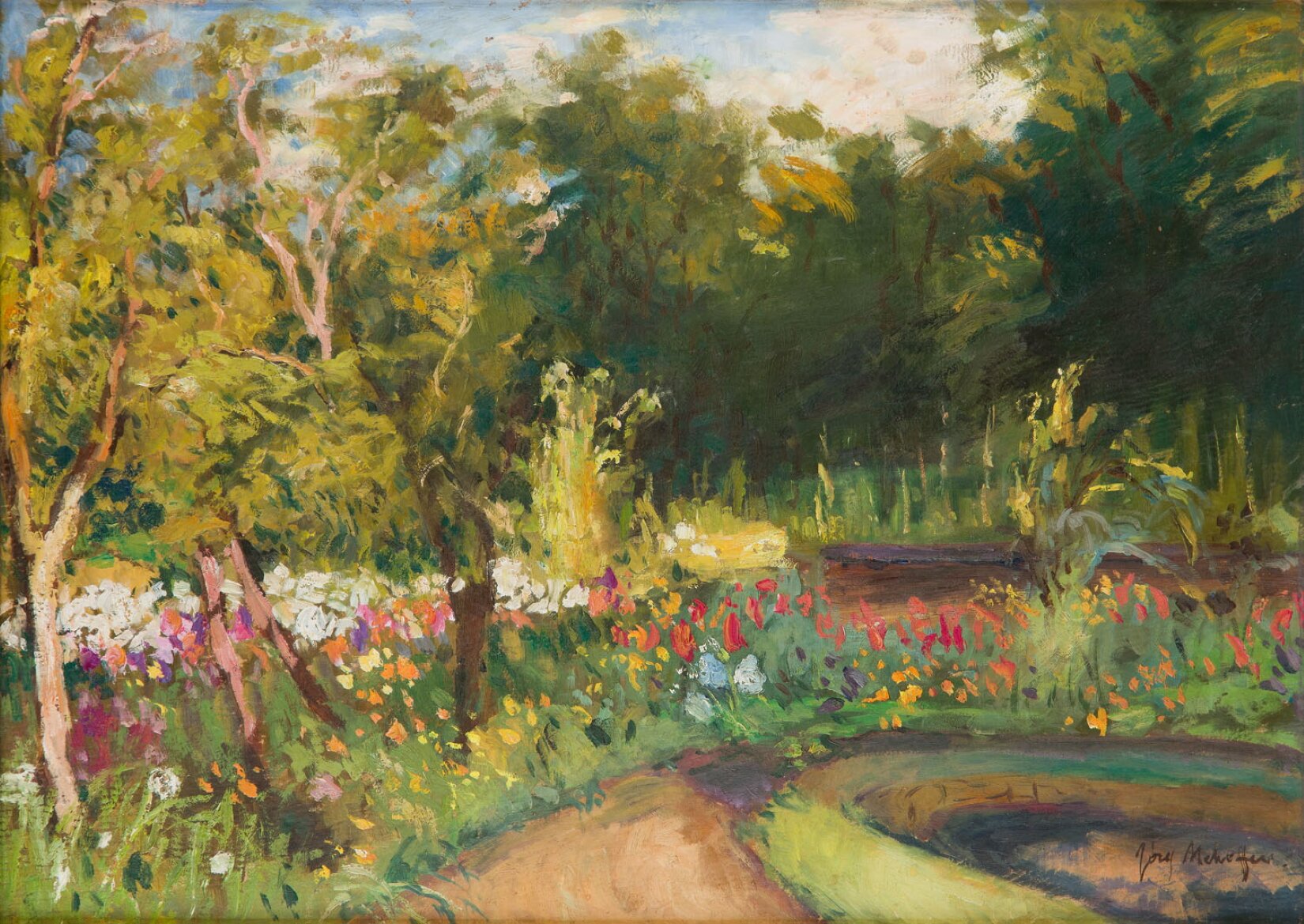 Dzieło autorstwa Józefa Mehoffera, pod tytułem: „Ogród kwiatowy”. Po lewej stronie obrazu stoją trzy niewielkie drzewa. Wokół nich, wzdłuż obrazu znajdują się pomarańczowe, czerwone i białe kwiaty. W oddali, na trzecim planie znajduje się ciemno‑zielony las. 