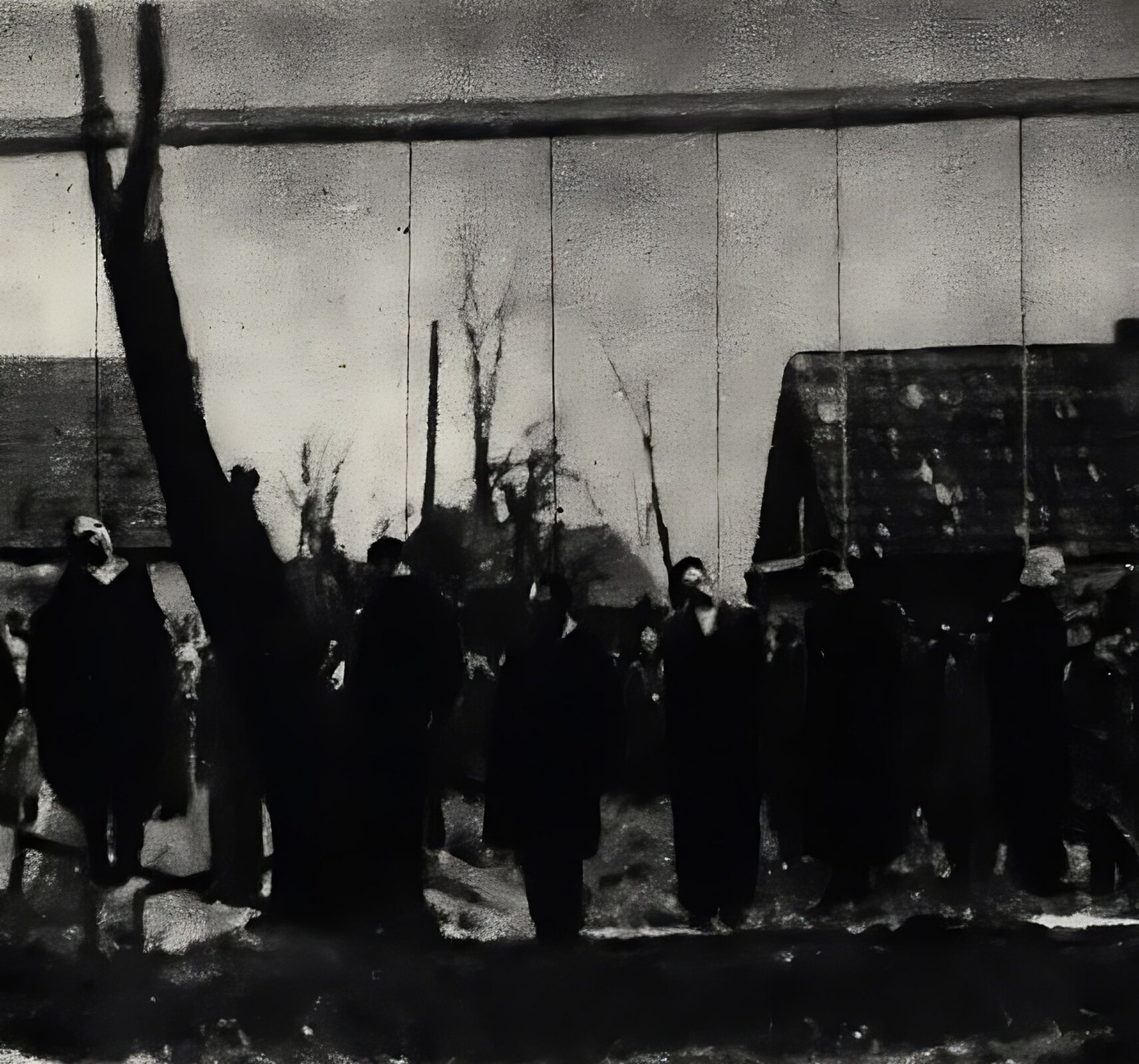 Kliknij, aby powiększyć. Zdjęcie przedstawia wiszących na szubienicy kilku mężczyzn. W tle zabudowania.