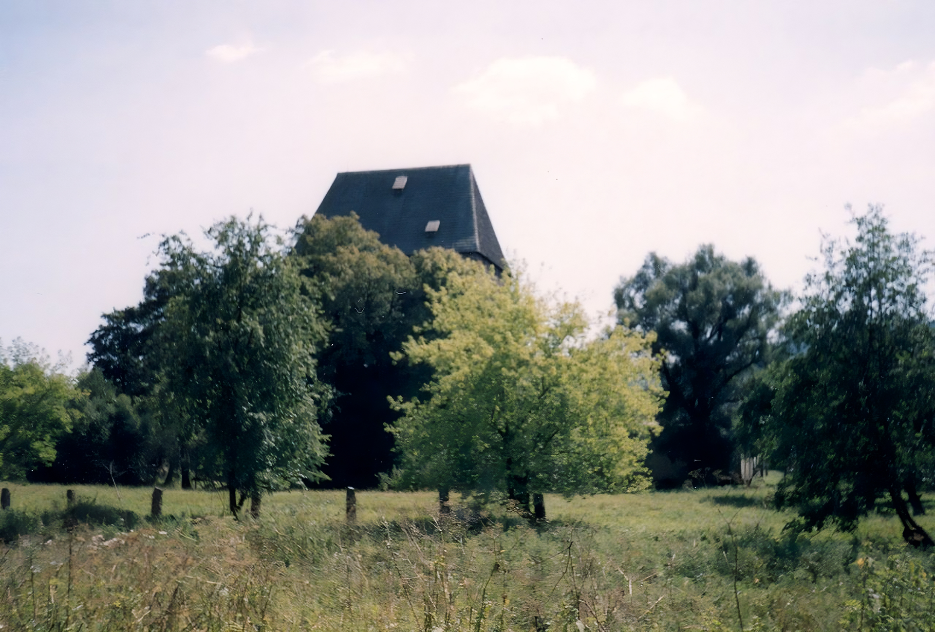 Fotografia przedstawia zieloną polanę porośniętą niskimi drzewami. Za nimi, w tle, widoczny jest fragment spadzistego dachu wieży z dwoma oknami.