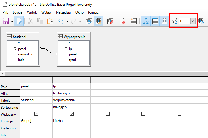Zrzut ekranu z programu LibreOffice Base przedstawiający relacje między tabelami: Studenci oraz Wypozyczenia. W tabeli Studenci pola: pesel, nazwisko, imie. W tabeli Wypozyczalnia pola: lp, pesel, tytul. Tabele Studenci oraz Wypozyczenia połączono na wysokości pól pesel. Na górze, w pasku z opcjami czerwonym obramowaniem wyróżniono opcję filtrowana, gdzie w dostępne pole wpisano 1. Na dole zrzutu ekranu tabela z właściwościami. Wiersze nazwano kolejno: Pole, Alias, Tabela, Sortowanie, Widoczny, Funkcja, Kryterium. Dane wierszy uzupełniono w dwóch komórkach. Pole: pesel, lp. Alias: pusta komórka, liczba_wyp. Tabela: Studenci, Wypozyczalnia. Sortowanie: pusta komórka, malejąco. Widoczny: w obu komórkach zaznaczono haczyk. Funkcja: Grupuj, Liczba. Pozostałe wiersze puste. 