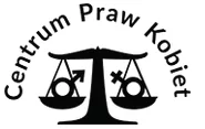 Ilustracja przedstawia logo Centrum Praw Kobiet. W centrum jest waga szalkowa. Na lewej jest kółko z strzałką - znak męski, na prawej kółko z krzyżykiem - znak kobiecy. Nad wagą jest półokrągły napis: Centrum Praw Kobiet.