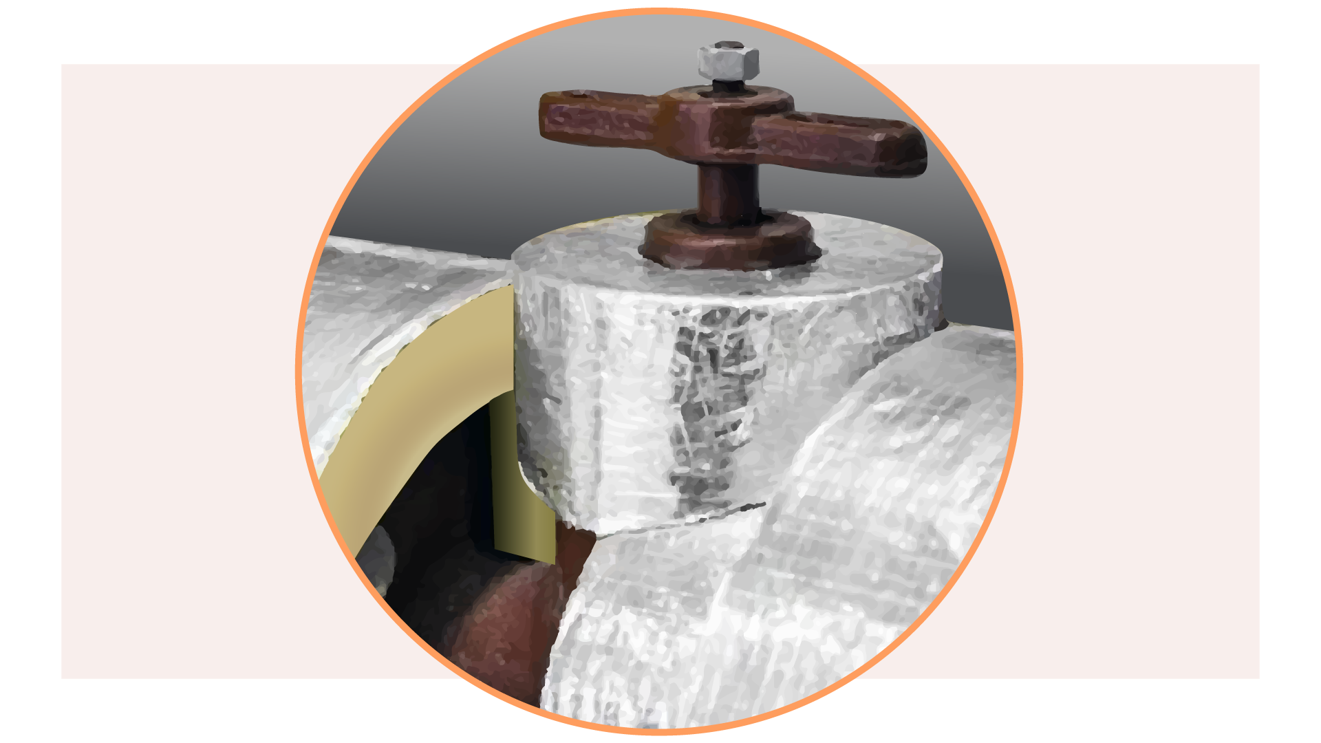 Grafika przedstawia błędnie wykonaną izolację ciepłochronną rurociągu - mostek termiczny. Na grafice znajduje się pozioma rura izolowana przy pomocy wełny mineralnej, która łączy się z zaworem i pionową rurą. Przy połączeniu rur widoczna jest blokująca płaszczyzna, stanowiąca mostek termiczny. 