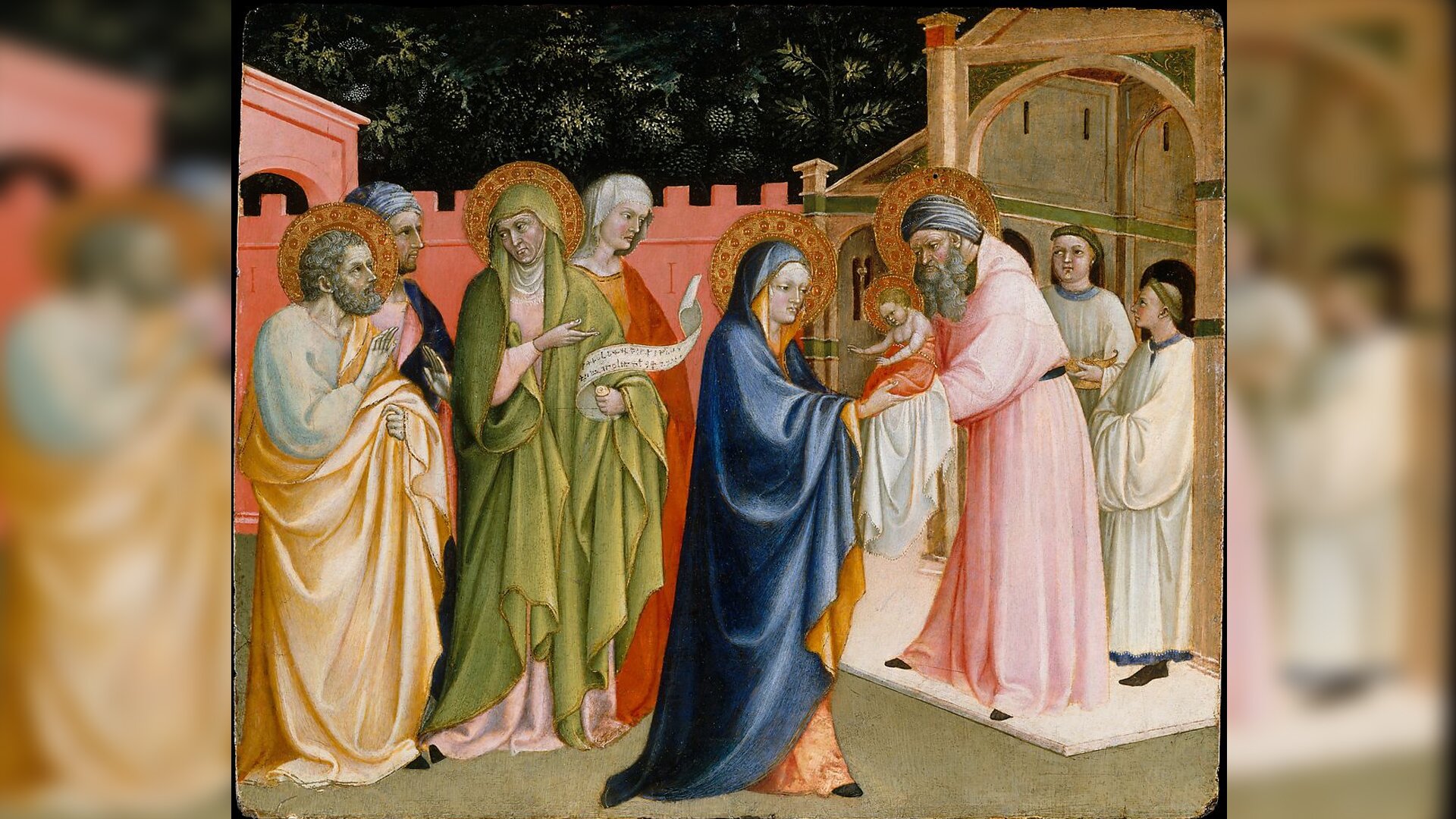 Obraz przedstawia wejście do budynku. Stoi tu dojrzały mężczyzna w długiej szacie, turbanie na głowie. Nad jego głową znajduje się aureola. Męzczyzna trzyma w rękach niemowlę, nad którego głową również znajduje się aureola. Podaje dziecko młodej kobiecie stojącej naprzeciw niego. Kobieta ma długą szatę z kapturem, nad głową jej znajduje się aureola. Za plecami kobiety inna kobieta z aureolą nad głową otoczona trzema mężczyznami. W tle budynki mieszkalne.