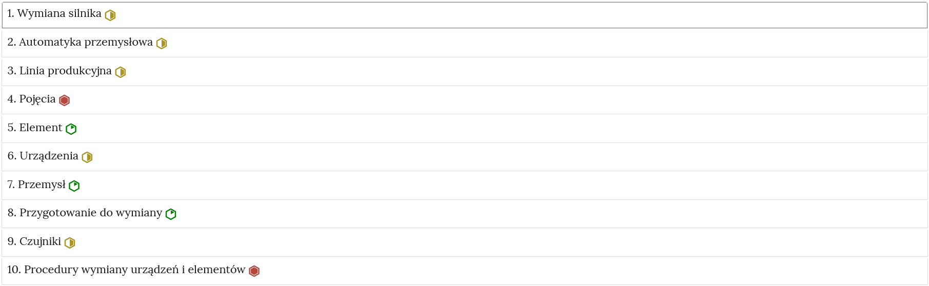 Grafika przedstawia przykładowy wygląd zakładek zawierających interaktywne materiały sprawdzające. Składają się one z prostokątnych paneli umieszczonych jeden pod drugim. Jest ich siedem. Każdy panel posiada numer oraz tytuł, który nawiązuje do zawartego w nim zadania. Obok tytułów widoczne są ikonki poziomu trudności zadania.  Zielony symbol oznacza, że ćwiczenie jest łatwe, żółte informuje o średnim stopniu trudności, czerwony symbol o ty, że ćwiczenie skategoryzowane zostało jako trudne.