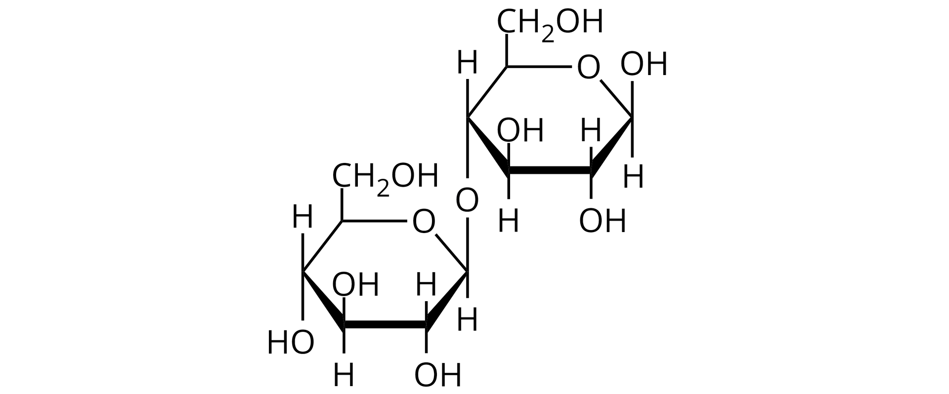 Ilustracja przedstawiająca dwa sześcioczłonowe pierścienie łączące się ze sobą za pośrednictwem atomu tlenu. Dwucukier zbudowany jest z dwóch cząsteczek D‑glukozy, które łączy wiązanie α-1,4-O‑glikozydowe. Strukturę stanowi sześcioczłonowy pierścień glukozy, w którym pierwszy lokant stanowi atom węgla C 1 związany z atomem tlenu wbudowanym w tenże pierścień. Węgiel C 5 zamyka pierścień i łączy się ze wspomnianym atomem tlenu oraz węglem C 6, niewbudowanym w pierścień. Od węgla C 1 odchodzi w górę wiązanie łączące go z atomem tlenu, który to łączy się z węglem C 4 drugiego pierścienia D‑glukozy. Od węgli C 2 oraz C 4 odchodzą do dołu grupy hydroksylowe OH, zaś do góry od grupy C 3, grupa hydroksylowa odchodzi również od węgla C sześć. Drugi pierścień stanowi również cząsteczka D‑glukozy, którą buduje sześcioczłonowy pierścień utworzony z atomów węgla C 1, C 2, C 3, C 4 oraz C 5, a także atom tlenu połączony z węglami o lokancie pierwszym i piątym. Od węgli C 1 oraz C 2 odchodzą w dół grupy hydroksylowe, od węgla C 3 grupa hydroksylowa odchodzi w górę. Węgiel C 4 łączy się w dół z atomem tlenu łączącym go z węglem C 1 pierwszego pierścienia. Od węgla C 5 do góry odchodzi grupa CH2OH. 