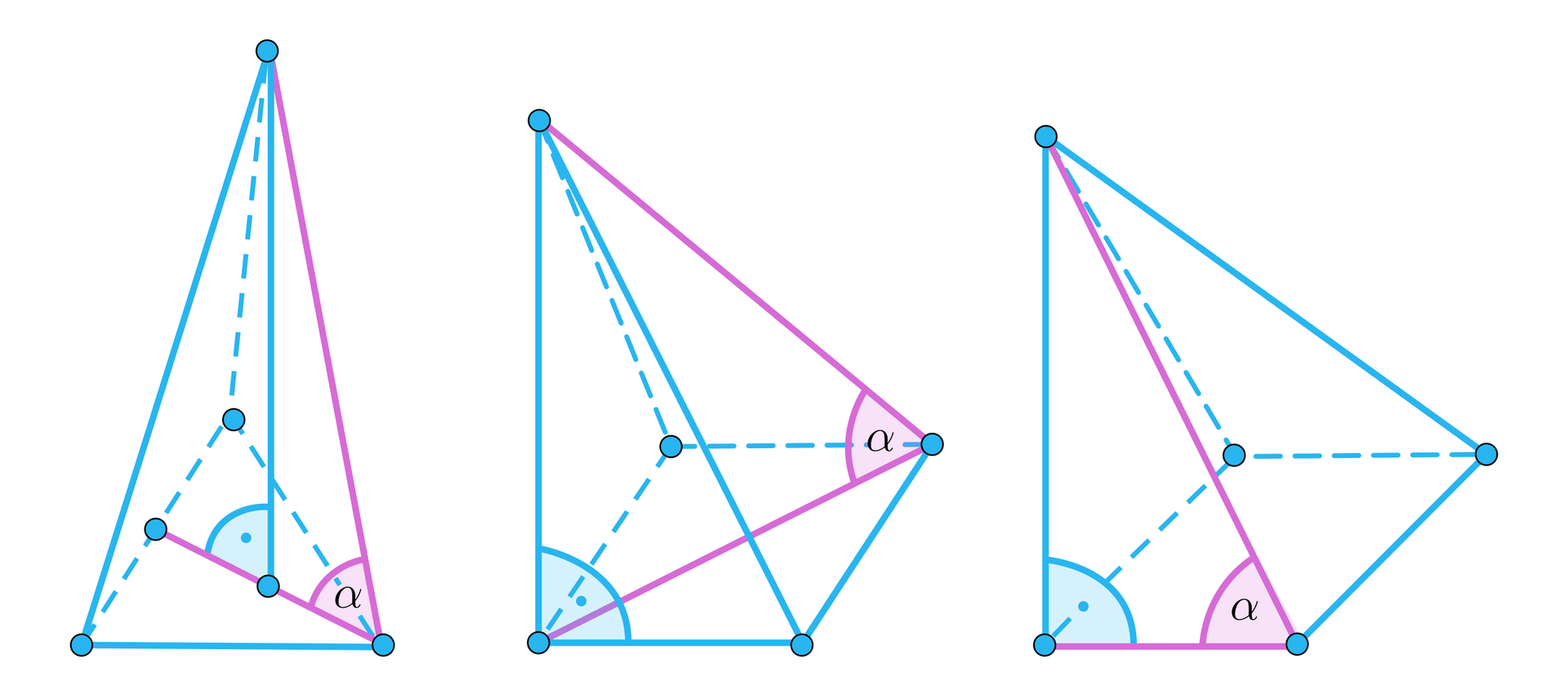 Grafika przedstawia trzy różne kąty w trzech różnych ostrosłupach. Ilustracja pierwsza przedstawia ostrosłup z narysowaną wysokością podstawy. Kąt alfa został zaznaczony pomiędzy wysokością podstawy a krawędzią ściany bocznej.  Ilustracja druga przedstawia ostrosłup z narysowaną przekątną podstawy. Kąt alfa został zaznaczony pomiędzy przekątną podstawy a krawędzią boczną bryły. Ilustracja trzecia przedstawia ostrosłup z zaznaczonym kątem alfa pomiędzy krawędzią boczną bryły a krawędzią podstawy. 