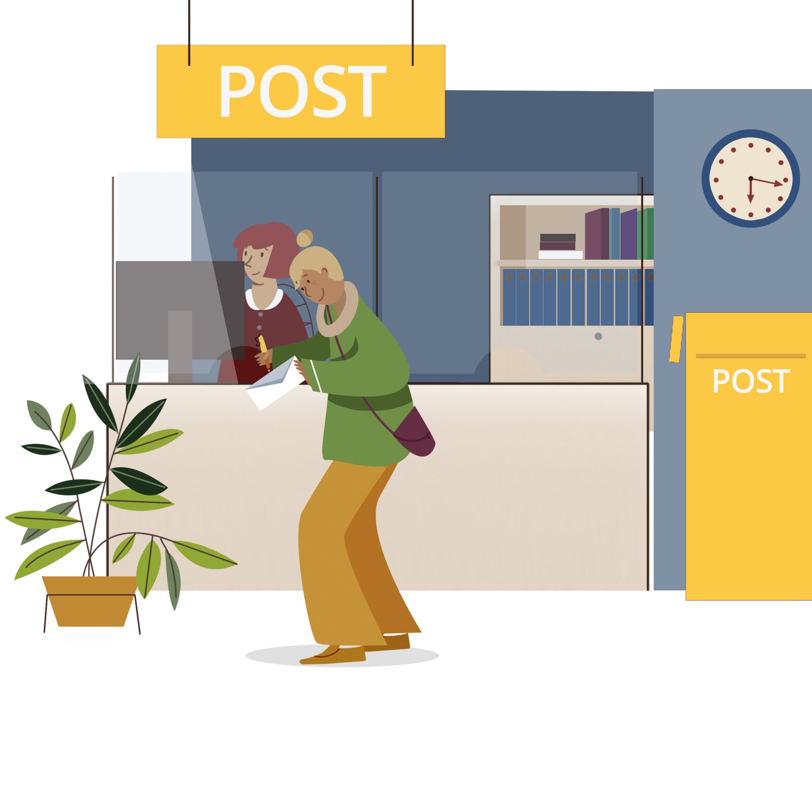 Ilustracja przedstawia młodą kobietę, która podchodzi do okienka na poczcie. W okienku, przy komputerze siedzi pracownica poczty. Nad okienkiem wisi szyld Post, w pobliżu okienka znajduje się stojąca skrzynka pocztowa, także z napisem Post.
