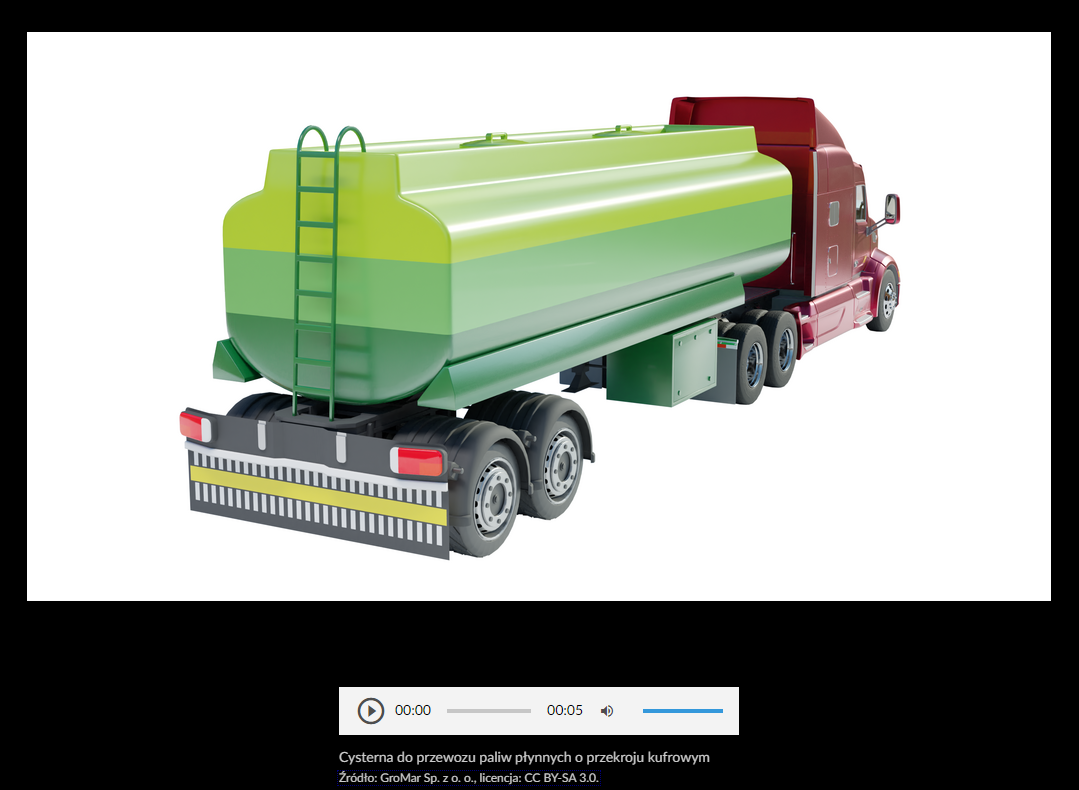 Zdjęcie przedstawia przykładową grafikę z galerii zdjęć z rozwiniętym opisem. Przedstawia ona cysternę do przewozu paliw płynnych o przekroju kufrowym. U dołu zdjęcia widoczny jest biały pasek, na którym po lewej stronie znajduje się ikona trójkąta skierowanego wierzchołkiem w prawo, czyli ikona włączenia odtwarzania filmu.  Po środku umiejscowiono pasek postępu nagrania oraz jego czas, a po prawej stronie symbol głośnika i niebieski pasek, za pomoca którego można regulować głośność. Pod zdjęciem i białym paskiem wyświetlony jest opis tego zdjęcia.
