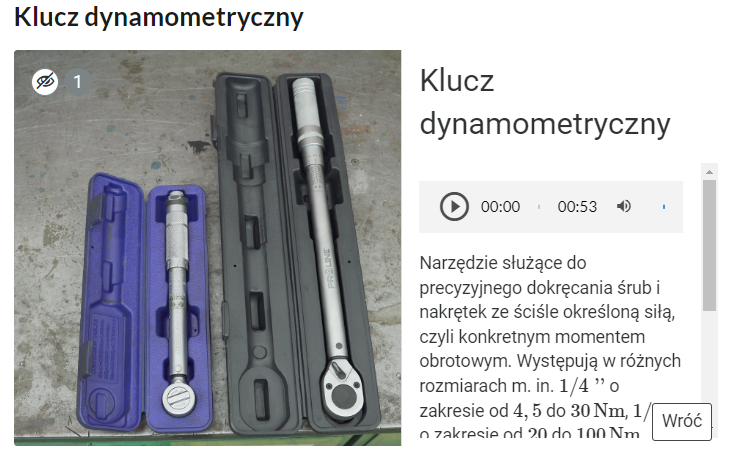 Przykładowy widok grafiki interaktywnej po kliknięciu w przycisk interaktywny. Po prawej stronie pojawia się plansza z tytułem części, w którą kliknięto i nagranie dźwiękowe tożsame z opisem.