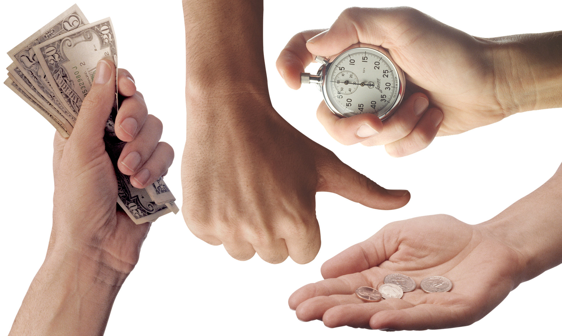 Zdjęcie przestawia dłoń, w której znajduje się plik dolarów. Druga dłoń ukazana na zdjęciu jest zaciśnięta, a uniesiony jest jedynie kciuk. Trzecia przedstawiona dłoń trzyma w dłoniach stoper. Czwarta przedstawiona dłoń jest otwarta, leżą na niej monety.