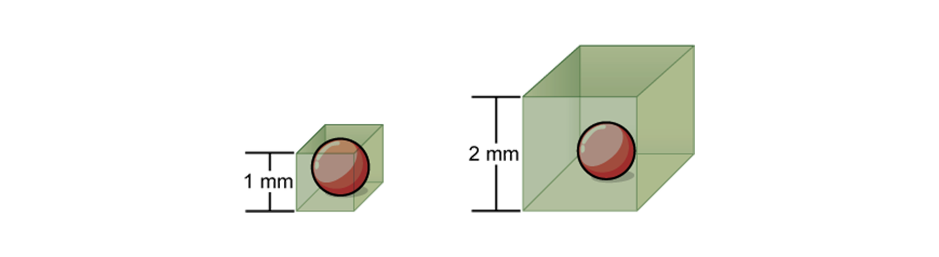 Ilustracja przedstawia dwa zielone sześciany, po lewej mniejszy o długości krawędzi wynoszącym 1 mm, a drugi większy (po prawej) o długości krawędzi wynoszacym2 mm. W ich wnętrzu znajdują się czerwone kule (w każdym sześcianie po jednej kuli takiego samego rozmiaru)