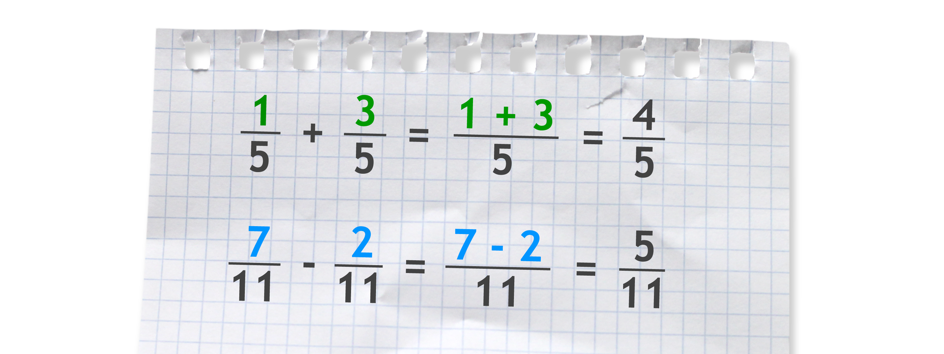 Dwa przykłady. Pierwszy przykład: jedna piąta plus trzy piąte równa się cztery piąte. Drugi przykład: siedem jedenastych minus dwie jedenaste równa się pięć jedenastych.