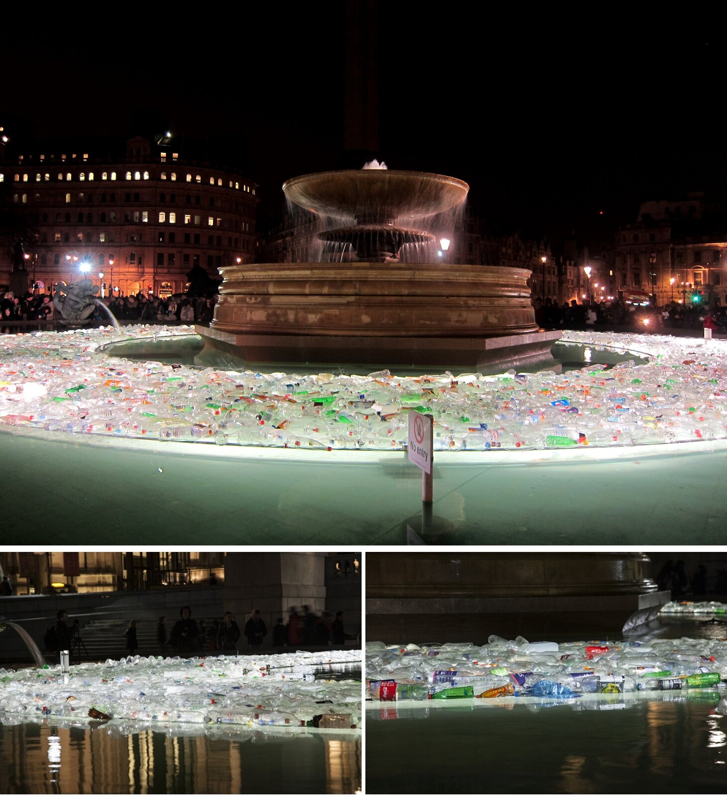 Ilustracja przedstawia trzy fotografie prezentujące instalacje świetlne z Placu Trafalgarskiego w Londynie. Pierwsza ukazuje fontannę, wokół której znajdują się podświetlone butelki pływające na wodzie. Druga i trzecia są zbliżeniami na butelki i fragment wody.