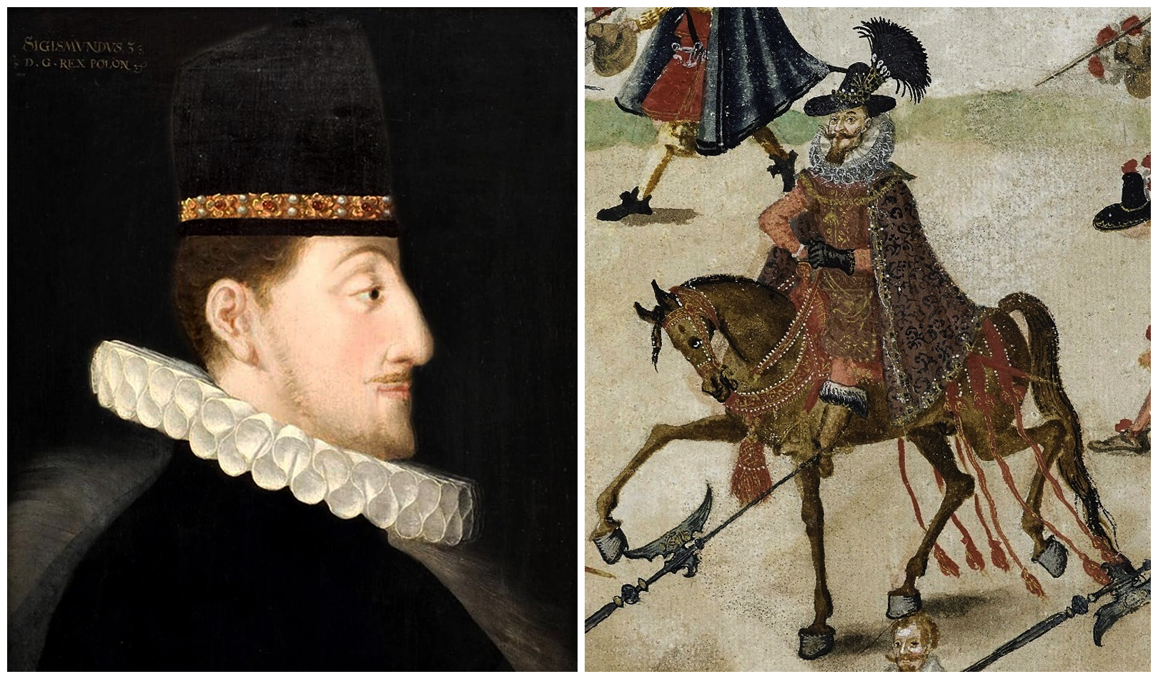 Ilustracja składa się z dwóch obrazów. Na obrazie po lewej stronie  portret dwudziestoczteroletniego króla Zygmunta III Wazy w stroju hiszpańskim z krezą na szyi. Król ukazany jest z profilu z krótkim zarostem na modłę hiszpańską. Na głowie nosi wysoką, aksamitną czapkę ozdobioną klejnotami. Po lewej stronie obrazu napis w języku łacińskim: Zygmunt III. DG REX POLON. Na prawo fragment „Rolki sztokholmskiej” z widocznym królem Zygmuntem III Wazą w stroju hiszpańskim, który jedzie na kasztanowym koniu. Uprząż, lejce i siodło konia są ozdobione klejnotami. Król ubrany jest w obcisły wams z nałożoną na niego kamizelką, ma krezę wokół szyi, podbitą futrem pelerynę, bufiaste spodnie do kolan, wysokie zamszowe buty obszyte koronką, skórzane rękawiczki oraz kapelusz ozdobiony egretą (broszą wykonaną z klejnotów i piór). Król ma zarost hiszpański z wąsami i brodą, które rozdzielają się na końcach na modłę niemiecką.