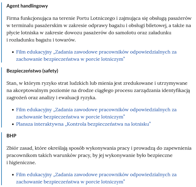 Zrzut ekranu przedstawia kilka pojęć ze Słownika. Konstrukcja jest następująca: pojęcie, poniżej jego wyjaśnienie, a pod nim znajduje się link, po którego kliknięciu użytkownik przenosi się do rozdziału w tym e‑materiale, w którym dane pojęcie jest wykorzystywane. Linków może być jeden lub kilka, w zależności od tego, w ilu rozdziałach użyto pojęcia.