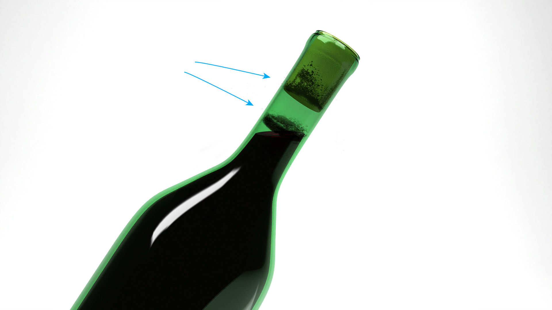 Zdjęcie przedstawiające szyjkę butelki z winem. Za pomocą strzałek zaznaczono poziom alkoholu, powyżej poziom powietrza pomiędzy trunkiem a miejscem, gdzie znajduje się osad w kształcie pierścienia na obwodzie szyjki.