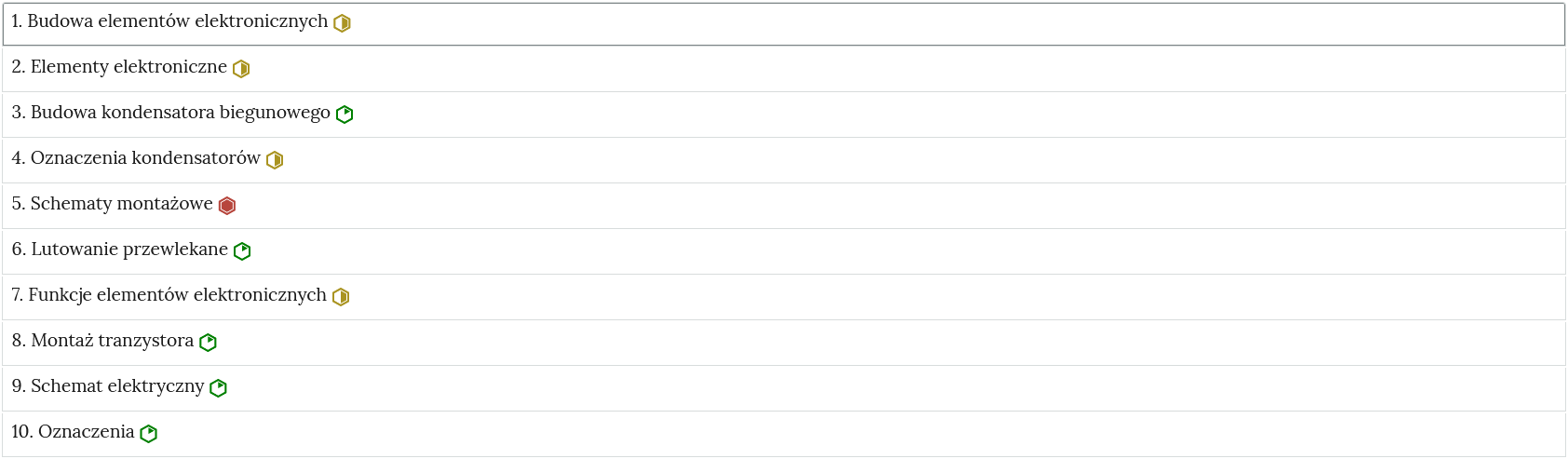 Ilustracja przedstawia przykładowy wygląd zakładek zawierających interaktywne materiały sprawdzające. Na zdjęciu jest to rząd umieszczonych pod sobą ćwiczeń wraz z ich tytułami. Każde ćwiczenie, po prawej stronie od tytułu, posiada znaczek określający poziom trudności. 