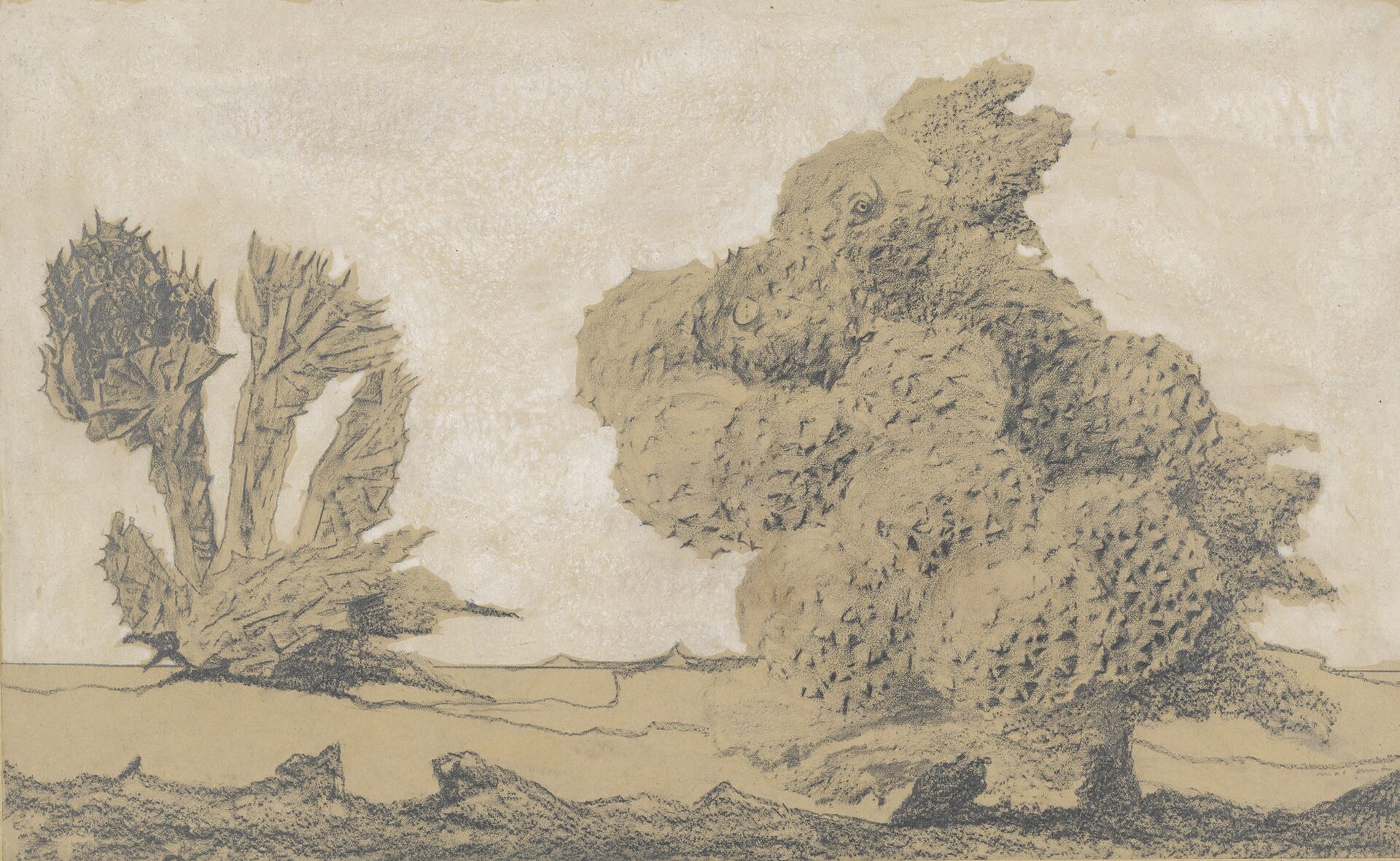 Ilustracja przedstawia szkic „Drzewa na łące”. Na rysunku są dwa drzewa rosnące na łące. Drzewo po lewej stronie obrazka wygląda na wielki oset. Korona drzewa po prawej stronie składa się z okrągłych kulek, wyglądających jak mniszek lekarski pokryty puszkiem. U dołu widać trawę falującą na wietrze.