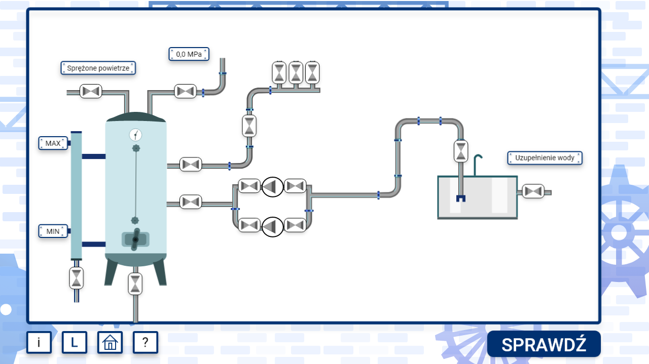 Grafika przedstawia przykładowy ekran instalacji symulatora. Widoczna jest na nim instalacja składająca się z rur i zaworów. Widać też zbiornik na wodę oraz hydrofor z wodowskazem.