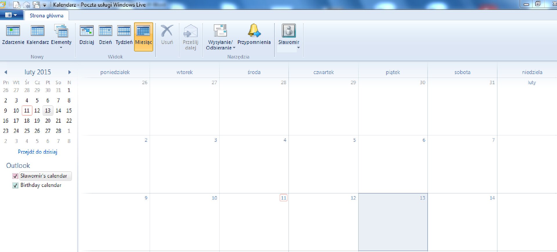 Widok okna zintegrowanego kalendarza Windows Live