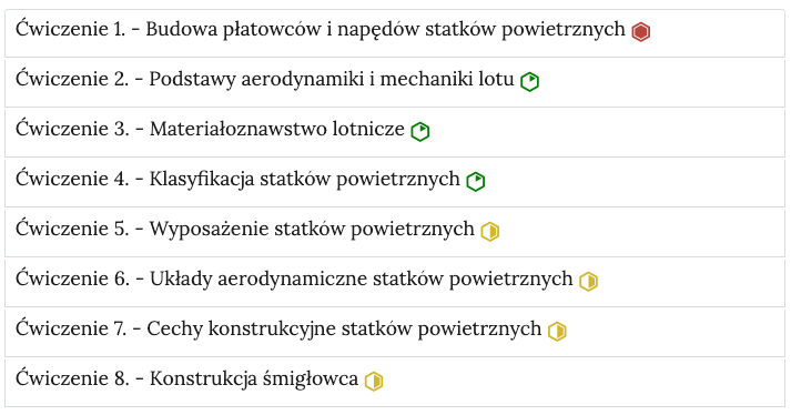Grafika przedstawia wygląd zakładek z ćwiczeniami. Zakładki są prostokątne. Każda posiada numer ćwiczenia oraz tytuł, który wskazuje, czego dotyczą zamieszczone w zakładce zadania. Po tytule widoczne są zielone, żółte i czerwone symbole oznaczające trudność zadań