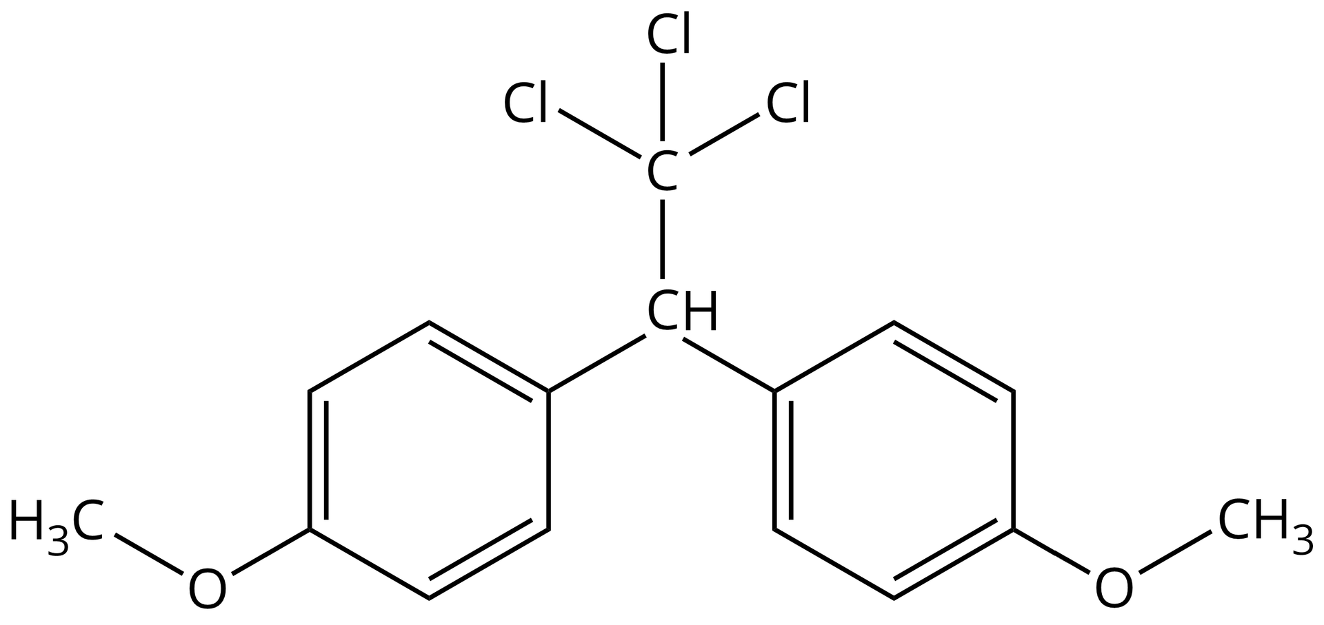 Ilustracja przedstawia wzór półstrukturalny. Do atomu węgla przyłączone są: dwa pierścienie benzenowe podstawione w pozycjach czwartych grupami metoksylowymi − O C H 3 , atom wodoru i grupa - C C l 3 .
