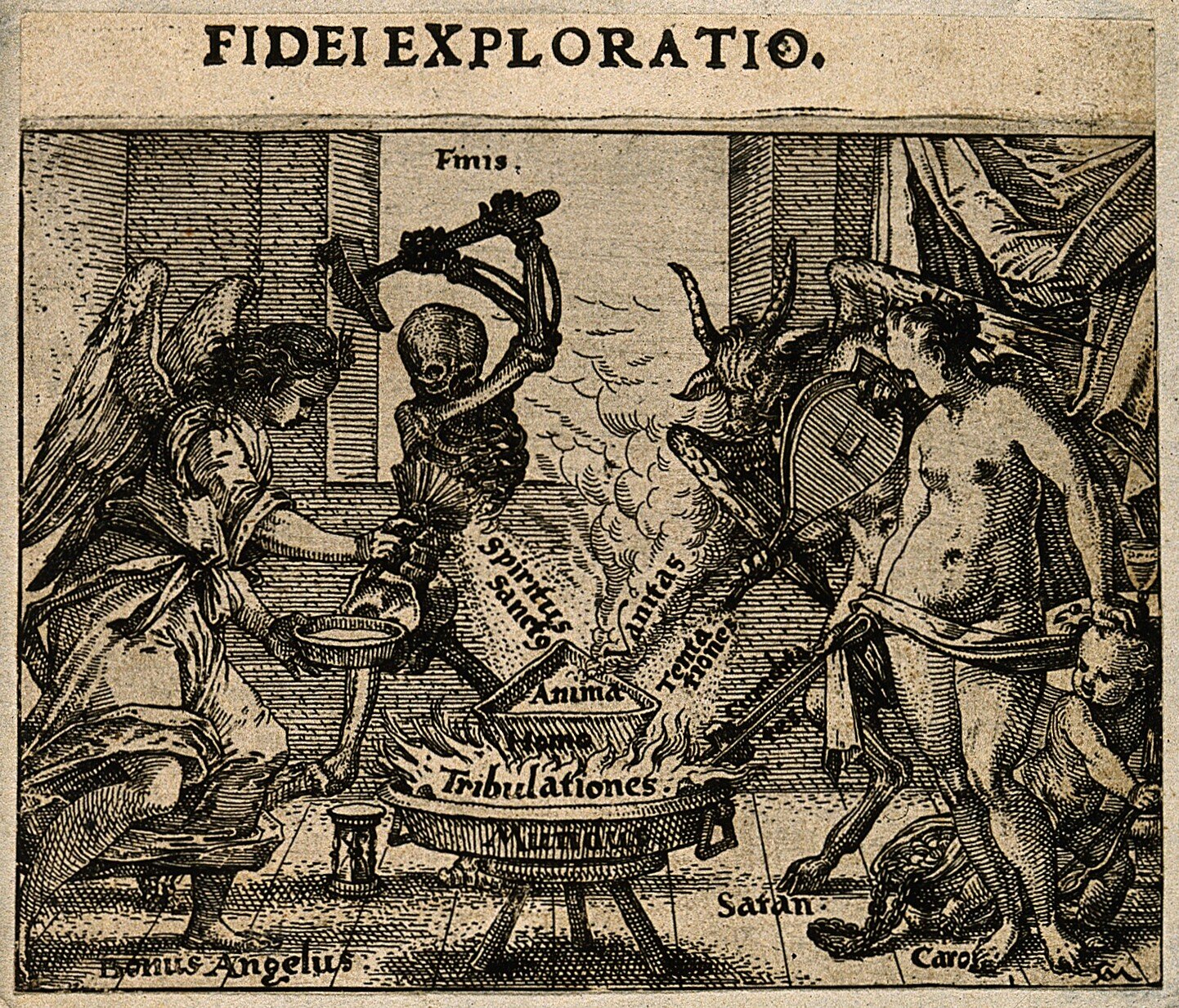 Ilustracja XVII‑wieczna ukazująca sprawdzanie ludzkiej duszy. Śmierć ukazana jako kościotrup z młotem, która kuje duszę na płonącym ogniu. Obok stoją skrzydlaty anioł, rogaty diabeł i naga kobieta.