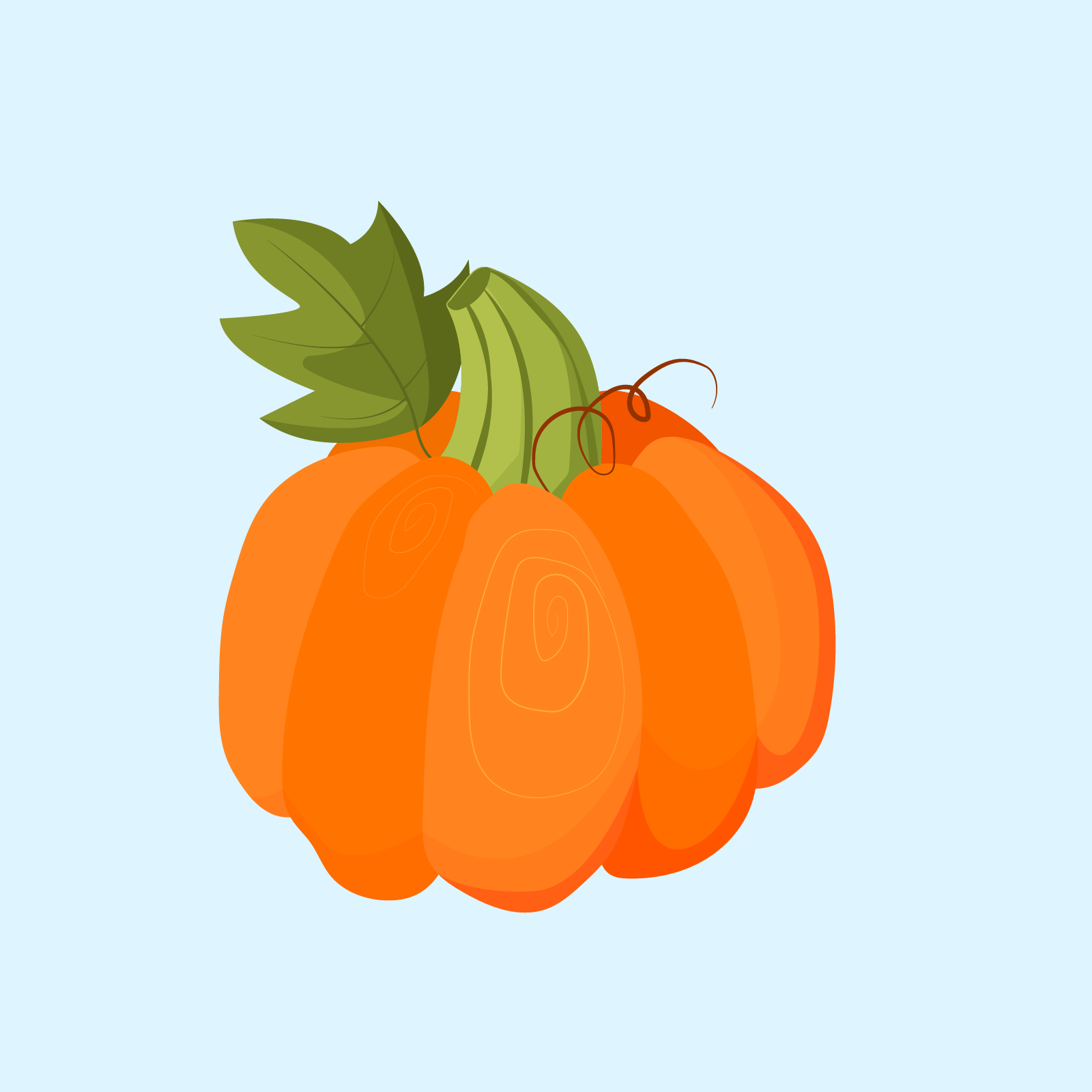 Grafika przedstawia dojrzałą dynię z dużym liściem. 