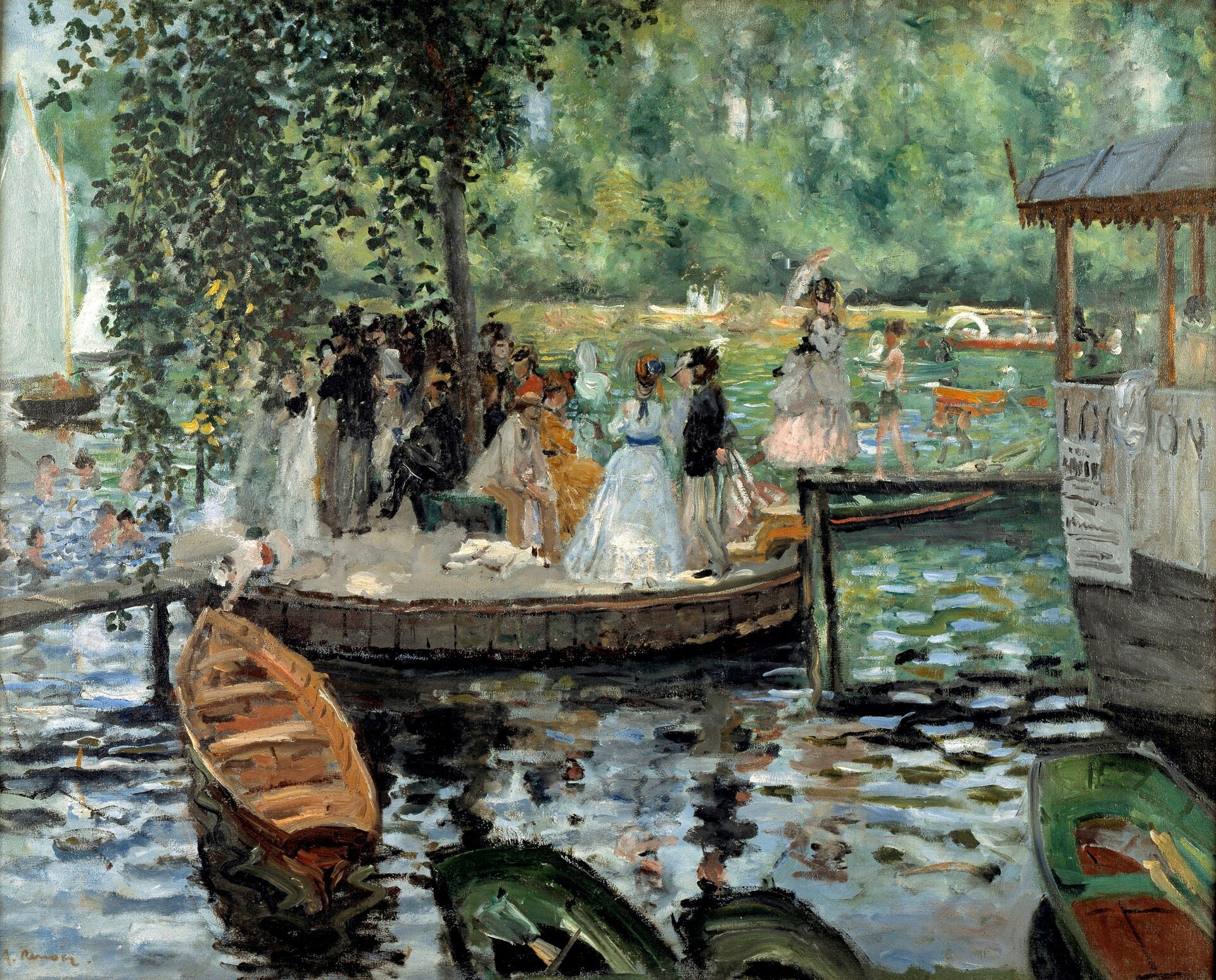 Ilustracja o kształcie poziomego prostokąta przedstawia obraz Auguste Renoira „La Grenouillère”. Ukazuje elegancko ubranych ludzi, spędzających czas w pięknych okolicznościach przyrody. Postacie znajdują się na pomoście. W tle na widać płynące po rzece łodzie.