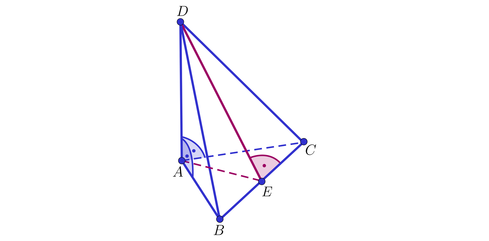 Na ilustracji przedstawiono ostrosłup ABCD. W podstawie ostrosłupa znajduje się trójkąt prostokątny równoramienny. Z wierzchołka D opuszczono wysokość ściany bocznej, której spodek leży w punkcie E na krawędzi BC. Linią przerywaną połączono wierzchołek A z punktem E. Ściany boczne ABD oraz ACD stanowią trójkąty prostokątne.