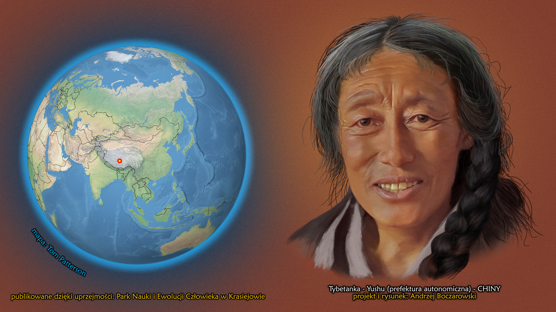 Na ilustracji kula ziemska, punktem zaznaczony Yushu, Tybet, Chiny. Obok twarz kobiety długimi ciemnymi lekko siwymi włosami. Podpis – Tybetanka.