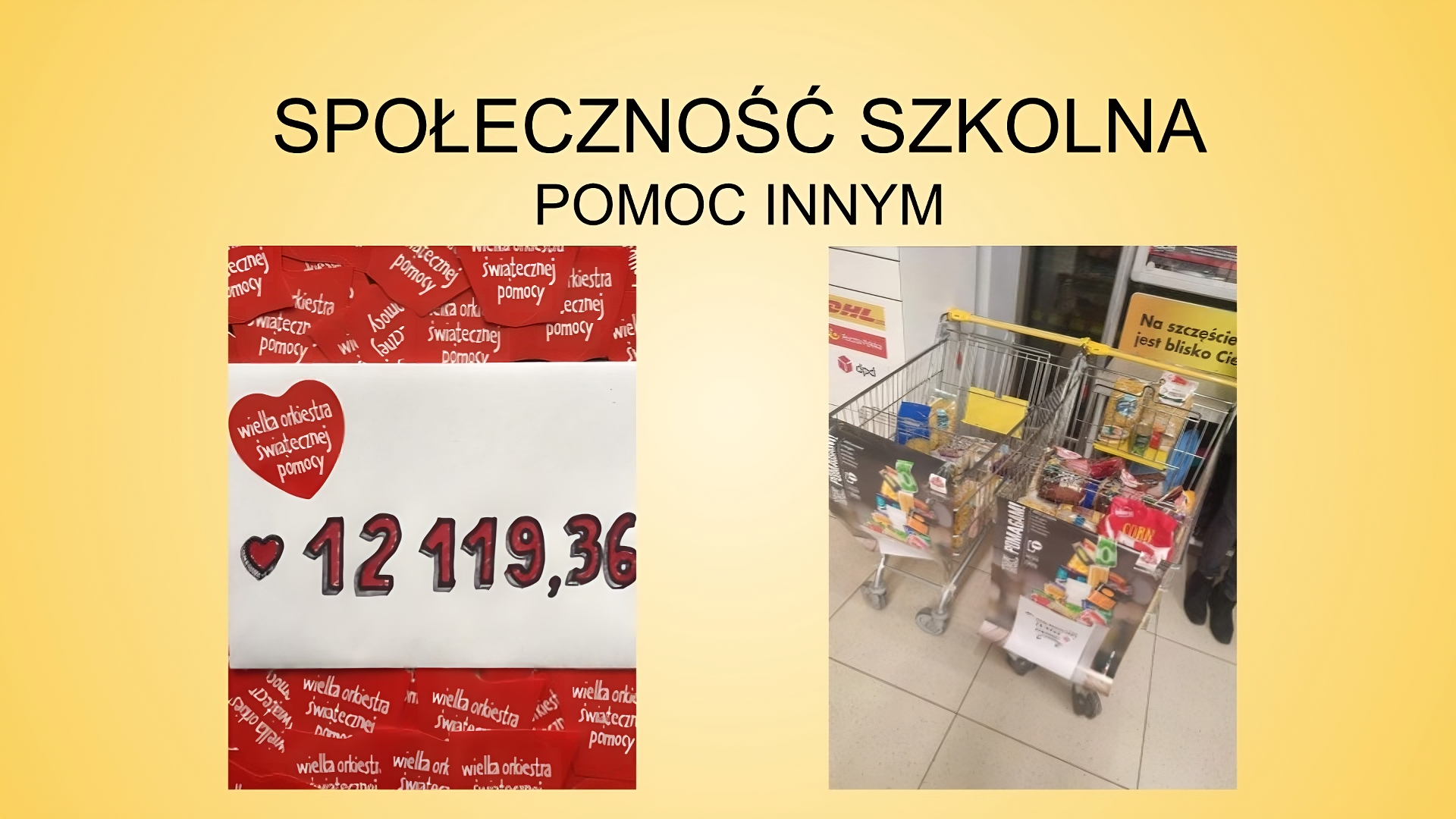 Slajd zatytułowany: Społeczność szkolna. Pomoc innym. Po lewej stronie slajdu znajduje się ilustracja przedstawiająca widoczny na białym tle wynik: "12119,36". Nad nim, po lewej stronie umieszczone zostało serduszko z napisem: "wielka orkiestra Świątecznej pomocy". Na górze ilustracji oraz na dole widoczne są nałożone na siebie takie same serduszka. Drugie zdjęcie ukazuje dwa sklepowe wózki wypełnione produktami spożywczymi.