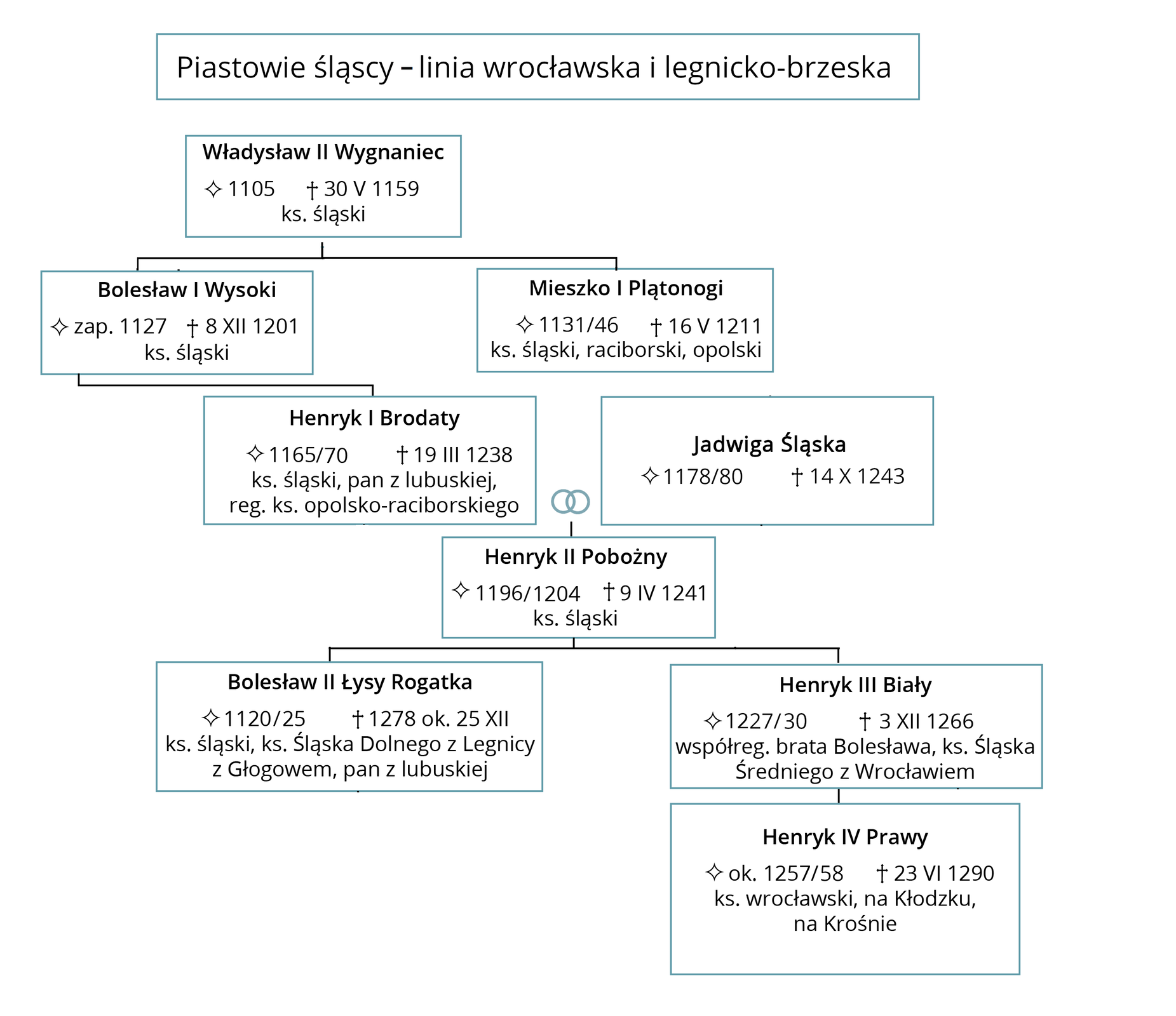 Ilustracja przedstawia drzewo gen A logiczne Piastów Śląskich – linia wrocławska i legnicka – brzeska.  1. Władysław Drugi Wygnaniec urodzony w 1105 roku, zmarł 30 maja 1159 roku, Książę śląski. Miał dwóch synów Bolesława Pierwszego Wysokiego i Mieszka Pierwszego Plątonogiego. 2. Mieszko Pierwszy Plątonogi urodzony w 1131/46 roku, zmarł 16 maja 1211 roku, Książę śląski, raciborski, opolski. 3.  Bolesław Pierwszy Wysoki urodzony w 1127 roku, zmarł 8 grudnia 1201 roku, Książę śląski. Miał syna Henryka Pierwszego Brodatego. 4. Henryk Pierwszy Brodaty urodzony w 1165/70 roku, zmarł 19 marca 1238 roku, Książę śląski, pan z lubuskiej, reg. Książę opolsko‑raciborskiego. Poślubił Jadwigę Śląską urodzoną w 1178/80 roku, zmarłą 14 października 1243 roku. Dochowali się syna, Henryka Drugiego Pobożnego.  5. Henryk Drugi Pobożny urodzony w 1196/1204 roku, zmarł 9 kwietnia 1241 roku, ksiądz śląski. Miał dwóch synów: Bolesława Drugiego Łysego Rogatka i Henryka Trzeciego Białego. 6. Bolesław Drugi Łysy Rogatek urodzony w 1120/25 roku, zmarł 25 grudnia 1278 roku. Książę śląski, Książę Śląska Dolnego z Legnicy z Głogowem, pan z lubuskiej.  7. Henryk Trzeci Biały, urodzony w 1227/30 roku, zmarły 3 grudnia 1266 roku, współreg. brata Bolesława, Książę Śląska Średniego z Worcławiem. Miał syna Henryka Czwartego Prawego.  8. Henryk Czwarty Prawy urodzony w 1257/58, zmarły 23 czerwca 1290 roku, Książę wrocławski, na Kłodzku, na Krośnie. 
