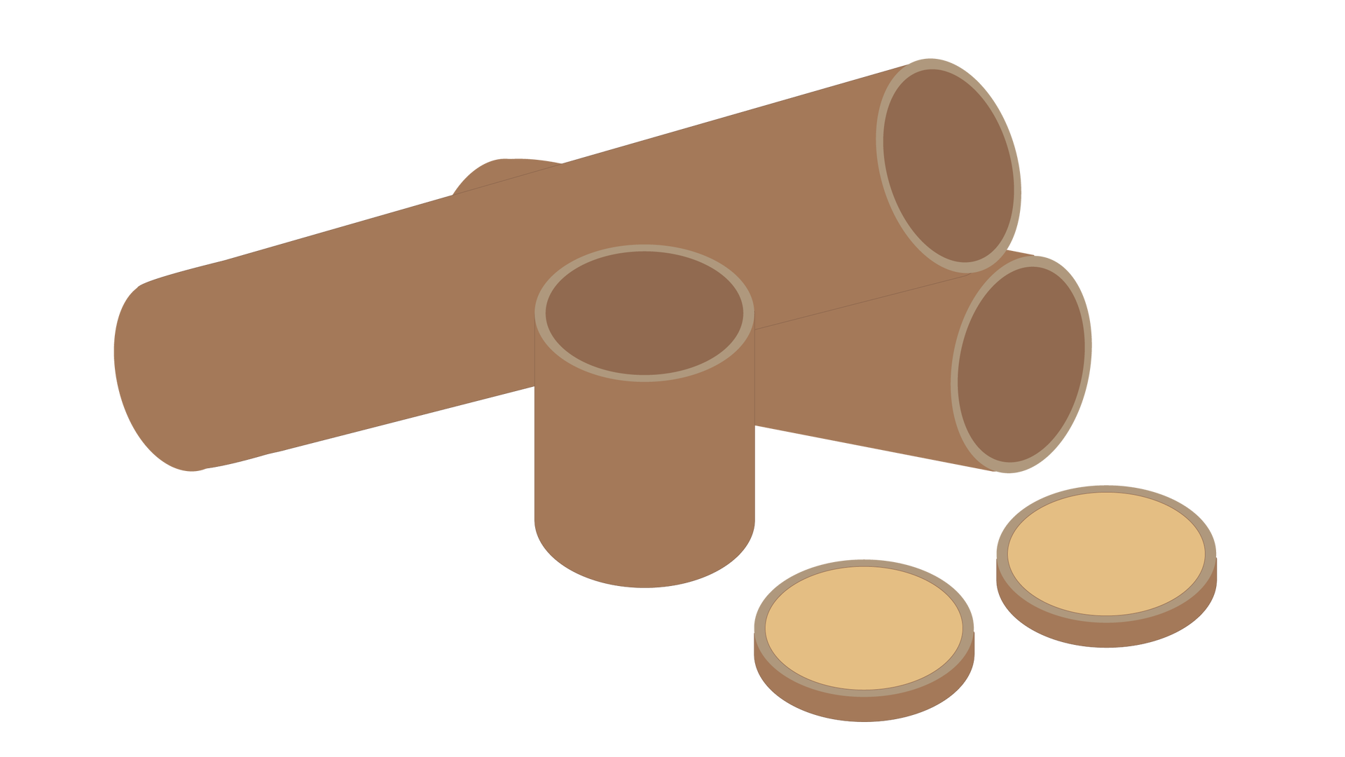 Rysunek przedstawia przykład przesyłki niestandardowej w formie trzech brązowych tub i dwóch płaskich, okrągłych elementów. 