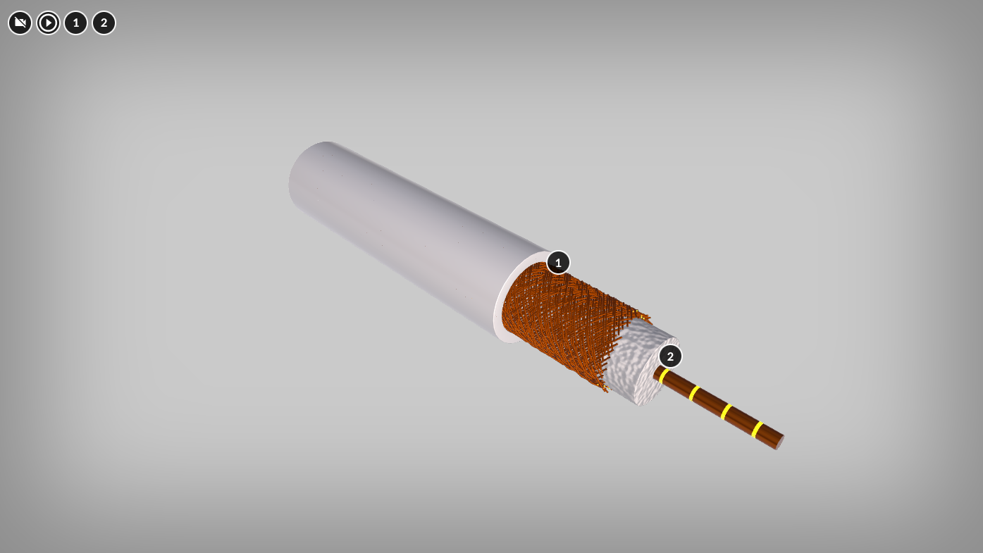 Grafika przedstawia widok wizualizacji 3D. Na środku znajduje się model kabla koncentrycznego. Na jego poszczególnych częściach umiejscowione zostały cztery ponumerowane znaczniki. W lewym górnym rogu widoczne są okrągłe symbole. Pierwszy to kółko z białym obramowaniem i czarnym wypełnieniem. W środku widoczny jest symbol przekreślonej kamery. Kolejny przedstawia ikonę odtwarzania filmu. Ikona składa się z trójkąta wpisanego w okrąg. Wierzchołek trójkąta wskazuje w prawo. Pozostałe są ponumerowane.