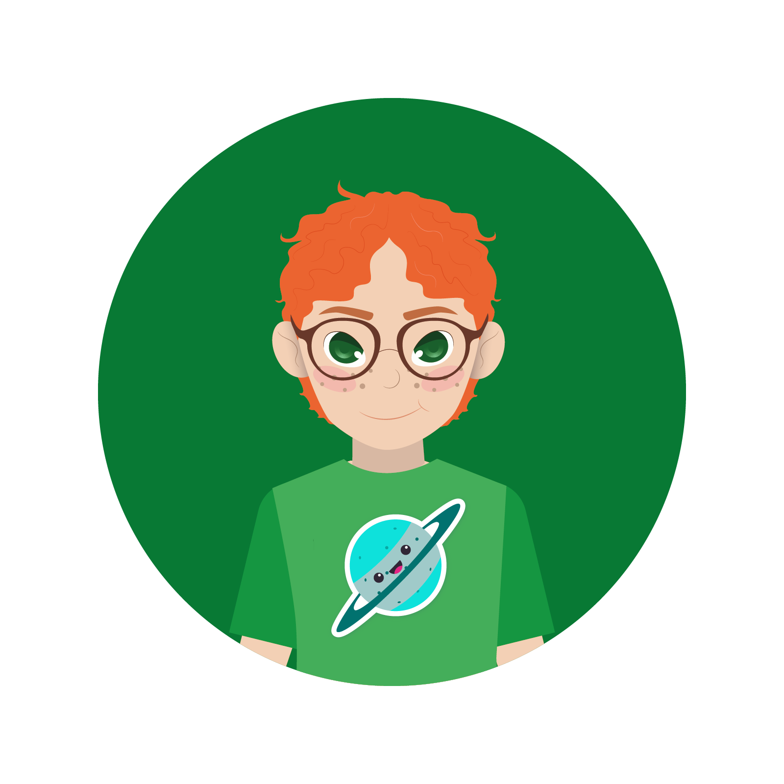 Ilustracja przedstawia chłopca w okularach i zielonej koszulce z planetą z uśmiechem. 