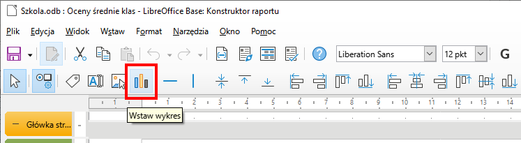 Zrzut ekranu przedstawia fragment paska menu w programie  LibreOffice Base . W pasku w czerwonej ramce zaznaczono ikonkę symbolizującą wykres.